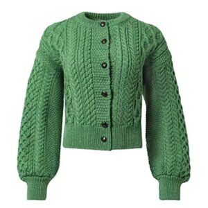 Irelandseye Clover Cropped Aran Cardigan Sweater Green Cable Knit Medium NWOT